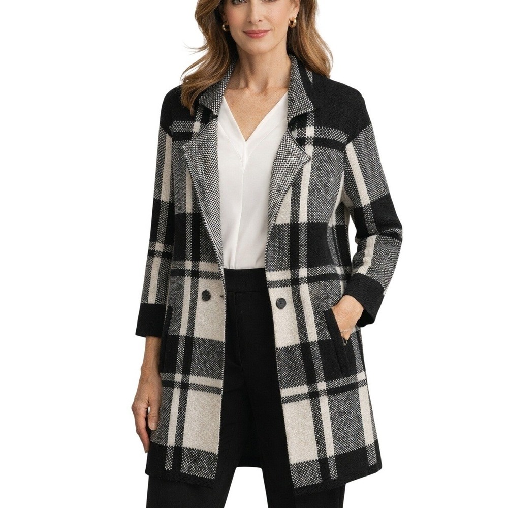Pendleton‎ 100% Merino Wool Long Cardigan Sweater PS Plaid Black Ivory NWOT